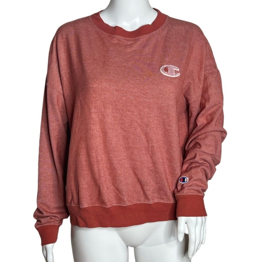 Champion Sweatshirt Womens Medium Picante Pink Striped Cropped Casual Streetwear